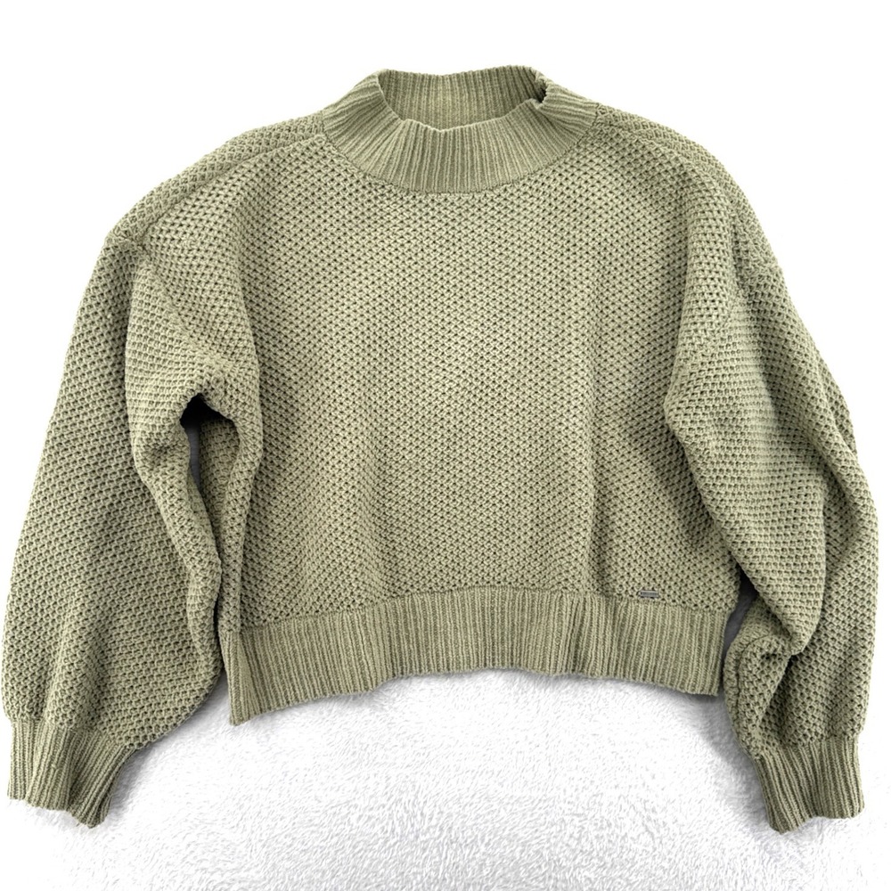 Hollister Women Sweater S Green Cropped Waffle Knit Mock Neck Balloon Sleeve